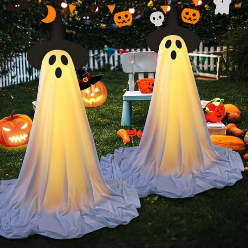 Aoligrace 2 Packs Halloween Decorations Outdoor Indoor, Spooky Ghost Halloween Decor with String Lights/Witch Hat, Holiday Party Yards Gardens Lawn Front Porch Decor | Amazon (US)