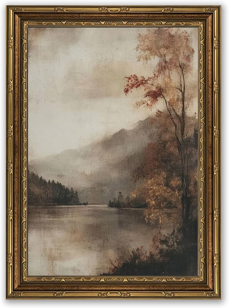 Gold Framed Vintage Fall Landscape Canvas Wall Art, Rustic Moody Lakeside Painting Picture Wall D... | Amazon (US)