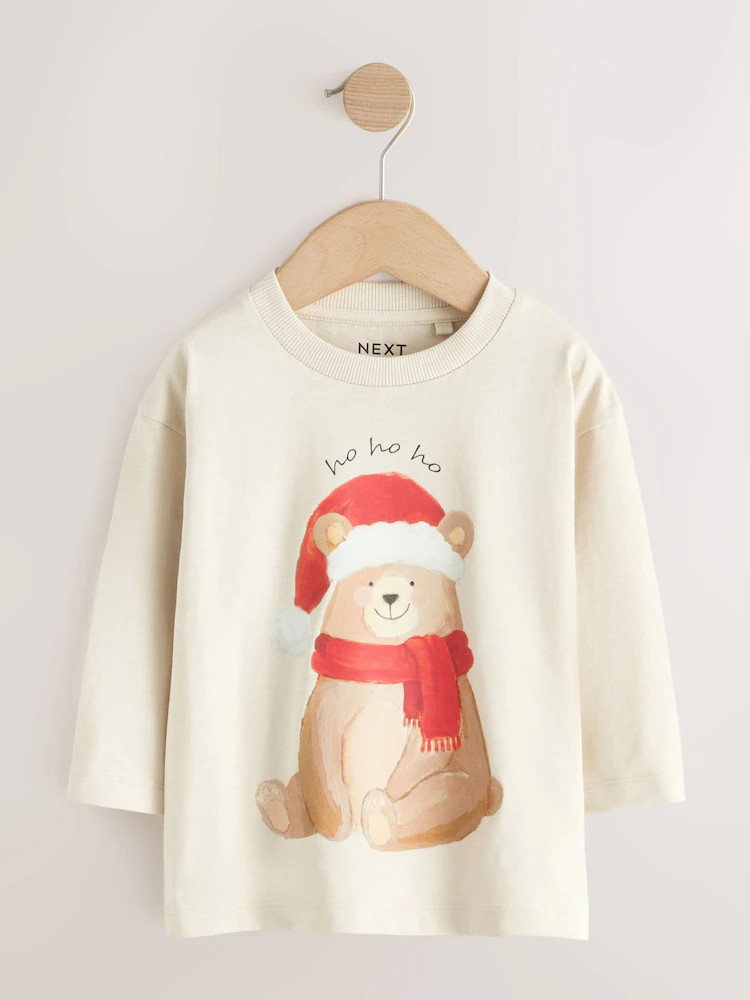 Cream Bear with Santa Hat Long Sleeve Christmas T-Shirt (3mths-7yrs) | Next US