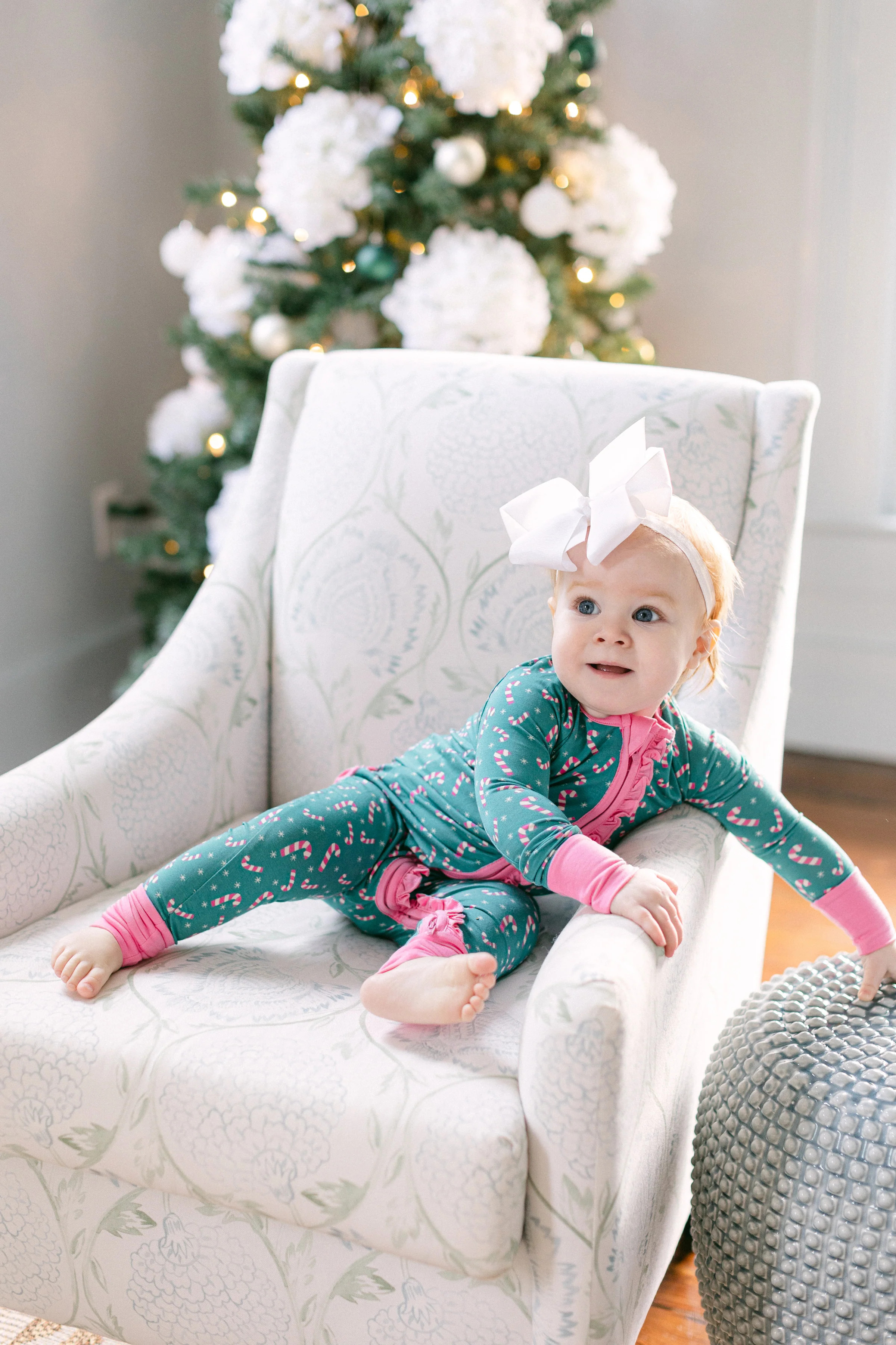 Pink and Green Candy Cane Premium Ruffle Romper | Poppy Kids Co
