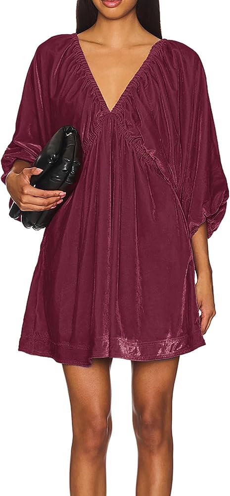 R.Vivimos Womens Fall Velvet Tunic Dress 2025 Trendy Sexy Deep V Neck 3/4 Sleeve Elastic Waist Lo... | Amazon (US)