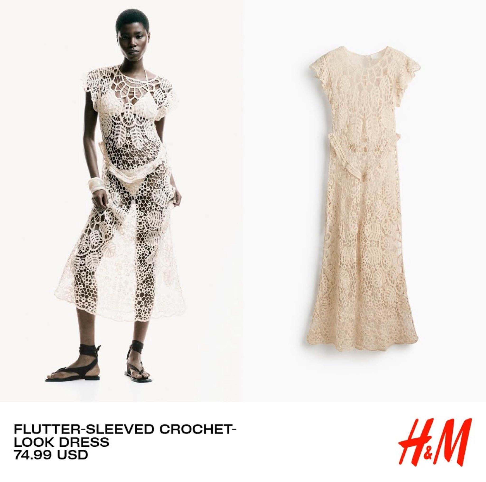 FLUTTER-SLEEVED CROCHET-LOOK DRESS