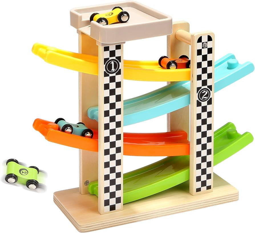 Toddler Toys for 1 2 Year Old Boy and Girl Gifts Wooden Race Track Car Ramp Racer with 4 Mini Car | Amazon (US)