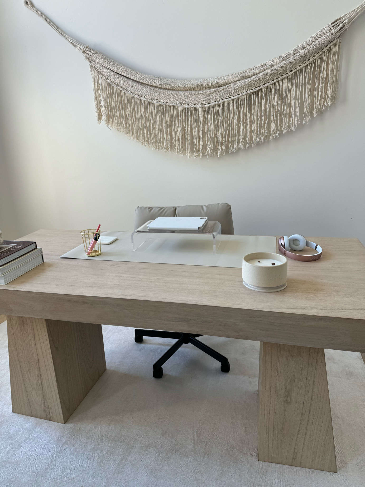 macrame style wall hanging! cb2 white oak desk, neutral home office decor, comfortable office chair from amazon #ltkworkfromhome

#LTKhome #LTKstyletip