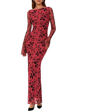 PRETTYGARDEN Women's Floral Bodycon Maxi Dress 2025 Fall Elegant Mesh Long Sleeve Formal Wedding ... | Amazon (US)