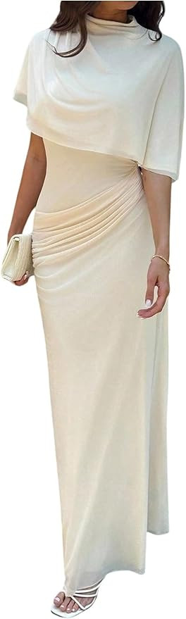GORGLITTER Women's Ruched Draped Going Out Bodycon Maxi Dress Sheer Mock Neck Cape Elegant Classy... | Amazon (US)