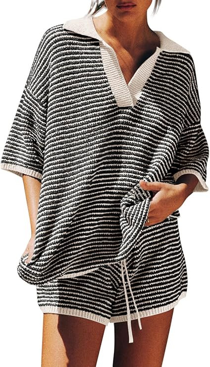 Tankaneo Womens Sweater Set 2 Piece Outfits Oversized 3/4 Sleeve V Neck Knit Tops High Waisted Sh... | Amazon (US)