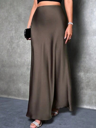 Glamine Women's Elegant Satin Skirt, Versatile Fish Tail Hem Skirt, Daily, Brown Skirt | SHEIN