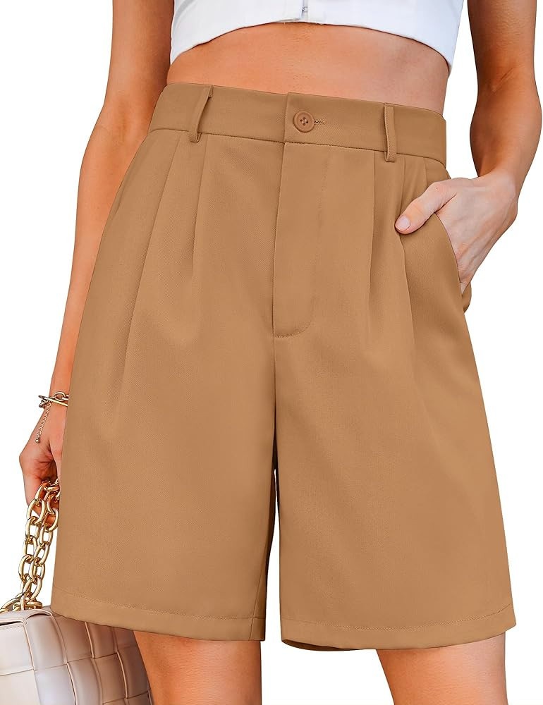 luvamia Bermuda Shorts for Women Dressy Casual High Waisted Summer Work Elastic Waist Pleated Dre... | Amazon (US)