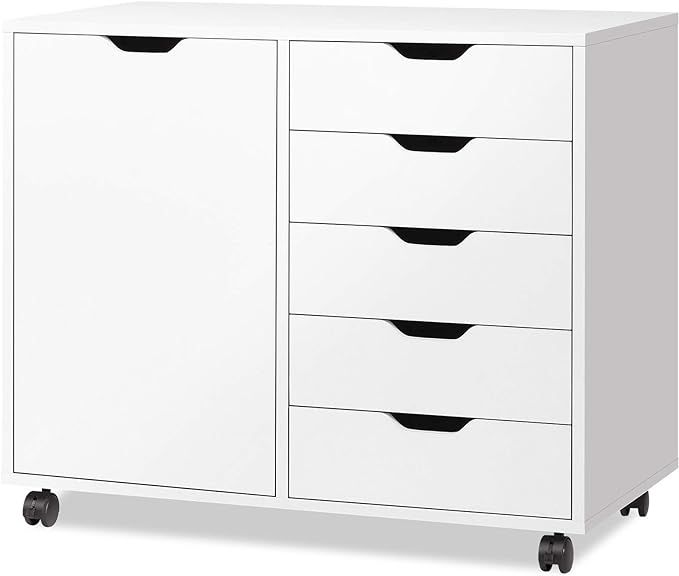 DEVAISE 5-Drawer Wood Dresser Chest with Door, Mobile Storage Cabinet, Printer Stand for Home Off... | Amazon (US)