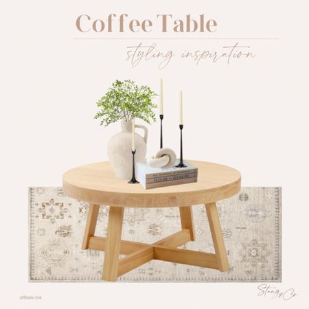 Coffee table styling! This neutral look pairs a round coffee table with a rustic vase, greenery, black candlesticks, a stack of books, and a decorative knot, all over a neutral area rug. 

Summer styling, summer home decor, Amazon home

#LTKfindsunder50 #LTKhome #LTKstyletip