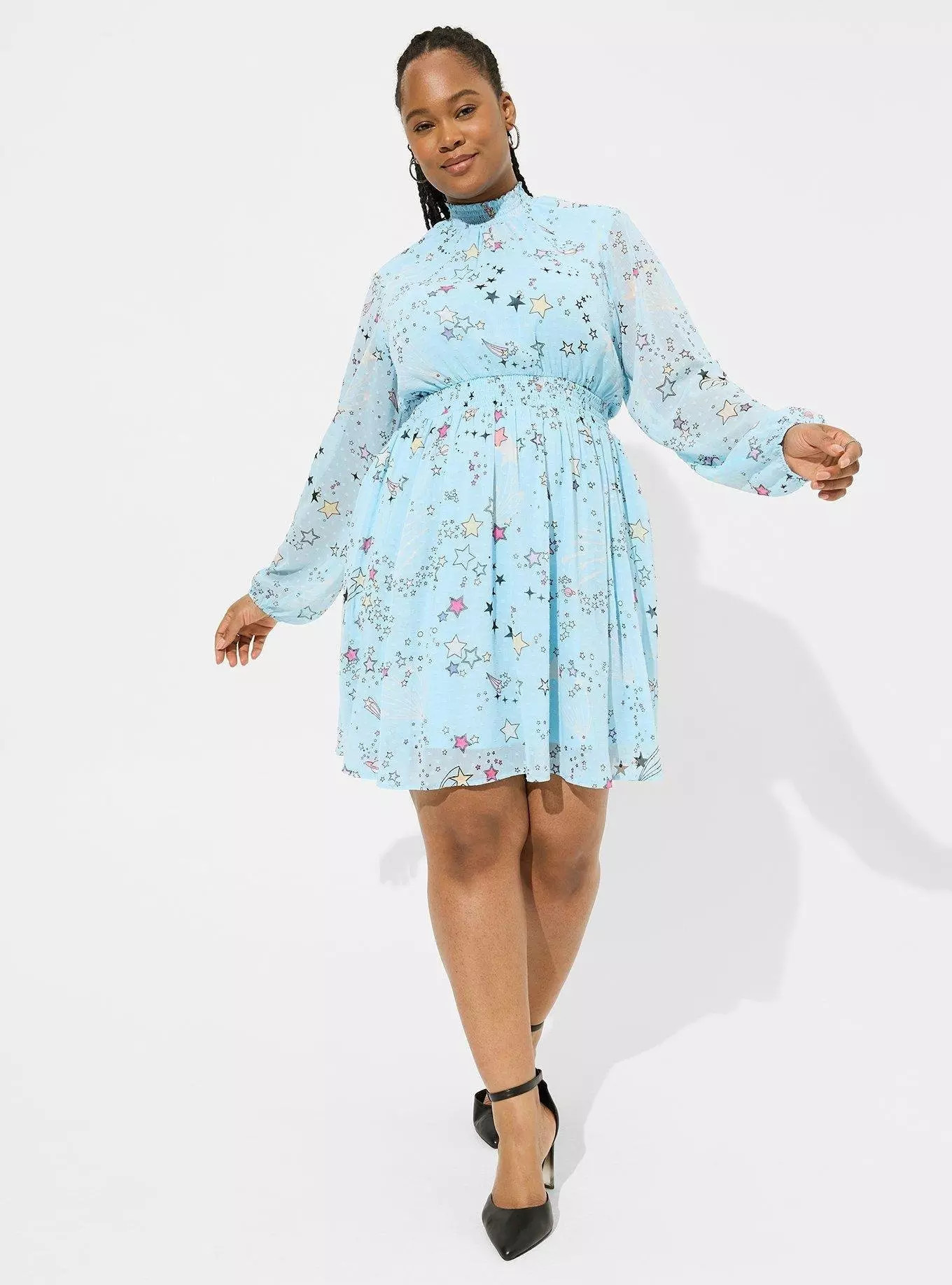 Mini Clipdot Blouson Sleeve Mock Neck Skater Dress | Torrid (US & Canada)