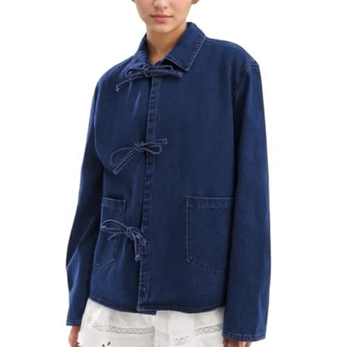 Womens Y2k Tie Front Tops Lightweight Denim Jackets Casual Loose Fit Top Fall Fashion Jean Shirt (Dark Blue,Small,Small) | Amazon (US)