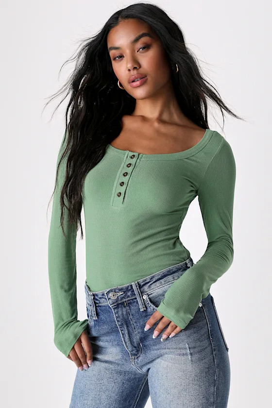 Everyday Update Green Ribbed Long Sleeve Cropped Henley Top | Lulus (US)