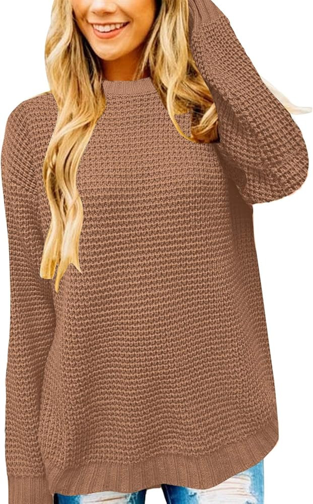 MEROKEETY Women's Long Sleeve Waffle Knit Sweater Crew Neck Solid Color Pullover Jumper Tops | Amazon (US)