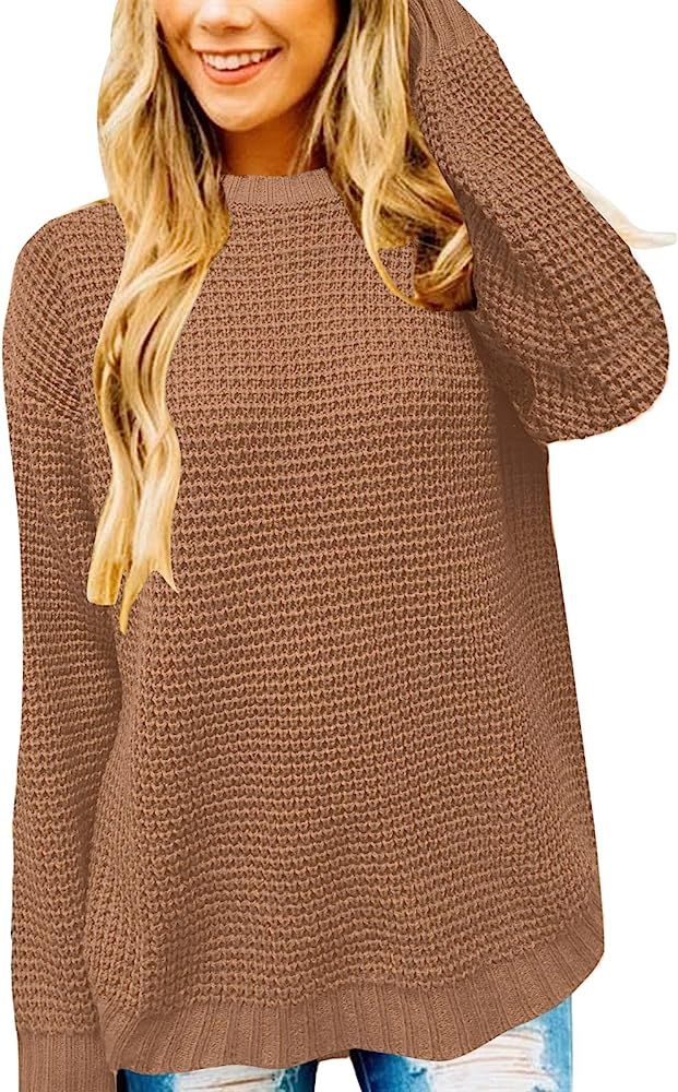 Women's Long Sleeve Waffle Knit Sweater Crew Neck Solid Color Pullover Jumper Tops | Amazon (US)