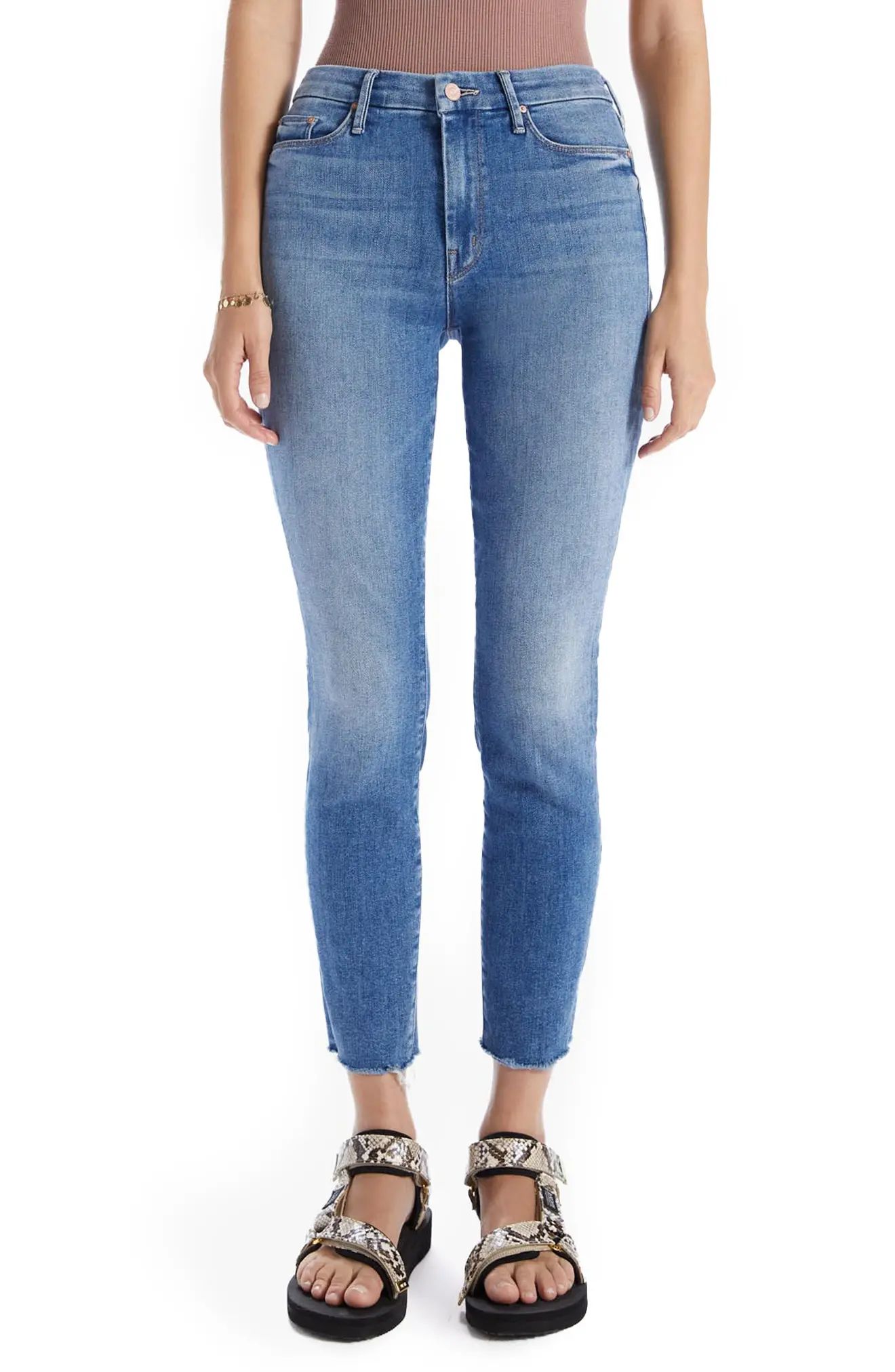 Women's Mother The Looker High Waist Frayed Ankle Skinny Jeans, Size 30 - Blue | Nordstrom