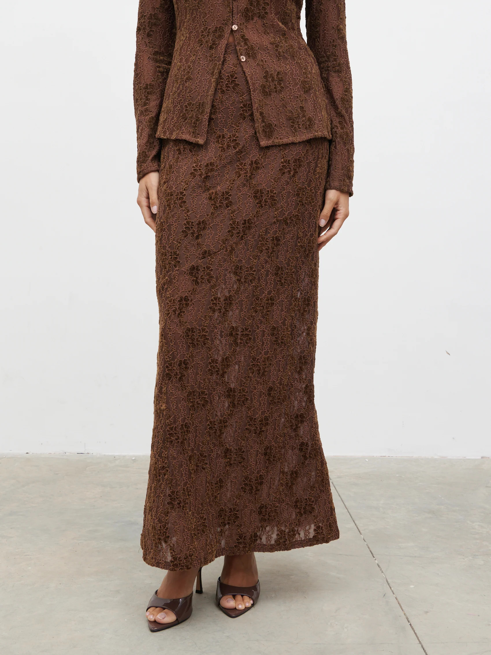 Francessca Lace Maxi Skirt - Brown Velvet | Pretty Lavish (UK)