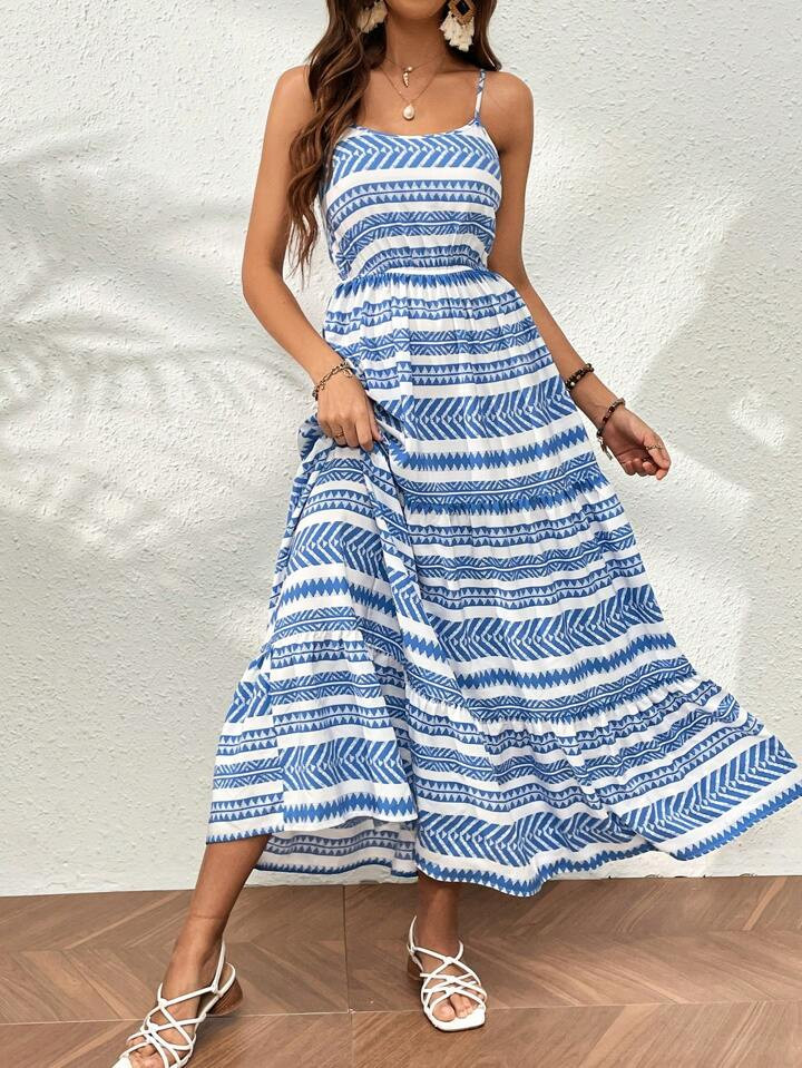 SHEIN VCAY Geo Print Ruffle Hem Cami Dress | SHEIN