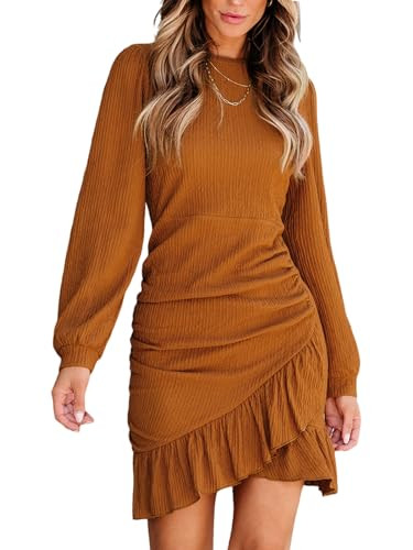 CUPSHE Women Knit Ruched Fall Dress Smocked Ruffle Hem Crew Neck Long Sleeve Bodycon Sexy Casual ... | Amazon (US)