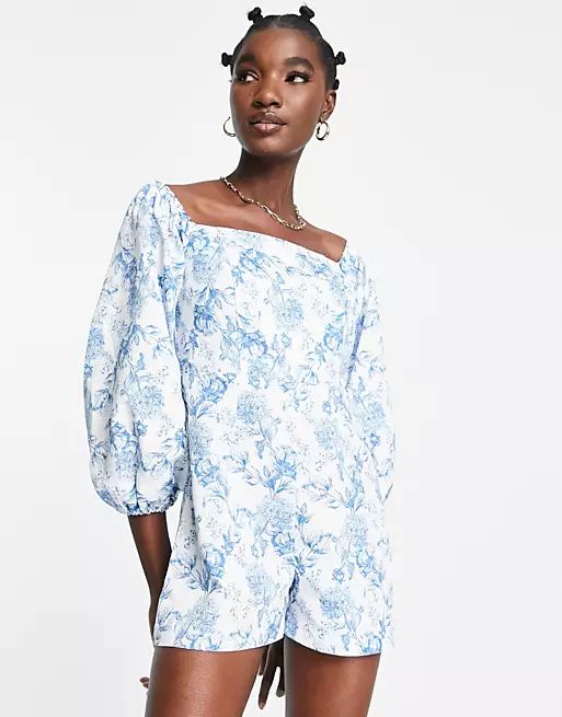 River Island floral puff sleeve romper in light blue | ASOS (Global)