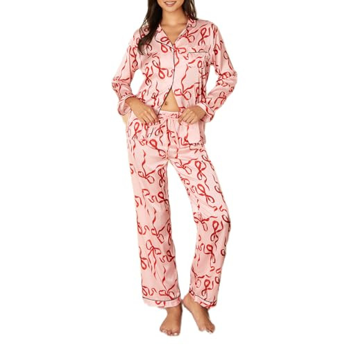 cochineal Bow Pajamas for Women Long Sleeve Button Shirt Lounge Pants Pjs Set Silk Satin 2 Piece Cute Christmas Sleepwear(Bowknot Pink,Large | Amazon (US)