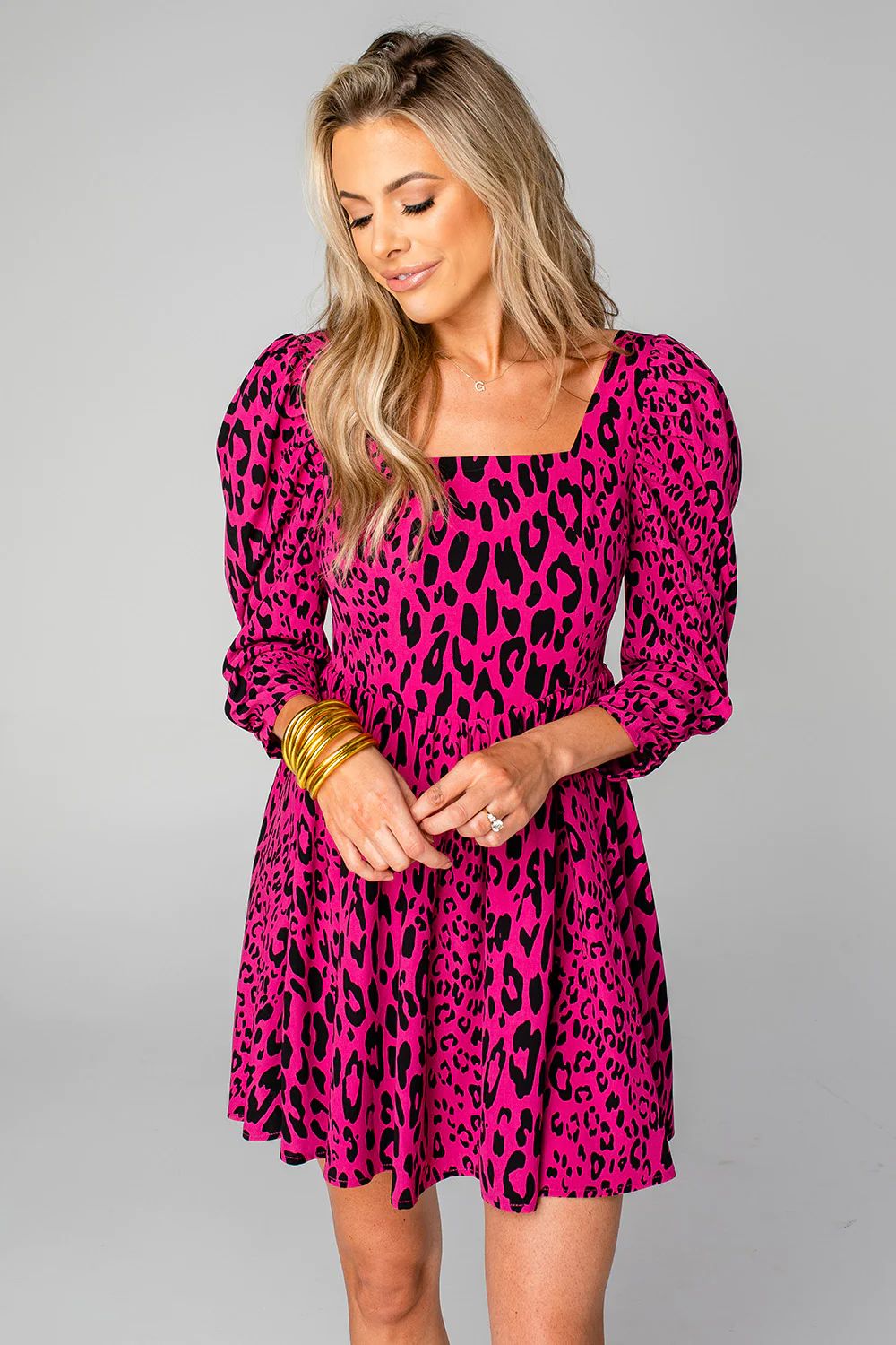 Lydia Puff Sleeve Mini Dress - Fuchsia Cat | BuddyLove