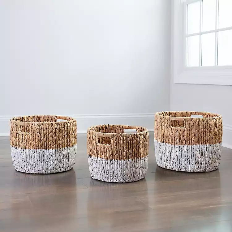 White and Tan Round Woven Baskets, Set of 3 | Kirkland's Home