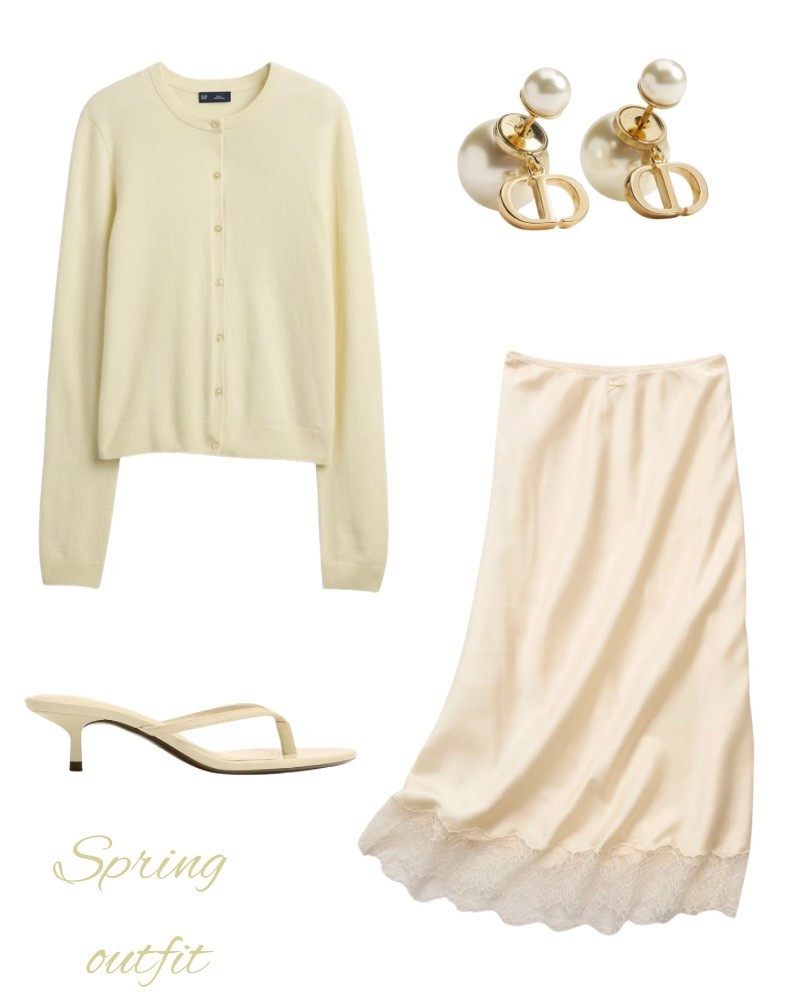 Butter yellow outfit, spring, satin lace skirt, cashmere look cardigan, button down sweater, kitten heels, pearl earrings, Easter outfit idea.

#LTKootd #LTKSaleAlert #LTKOver40