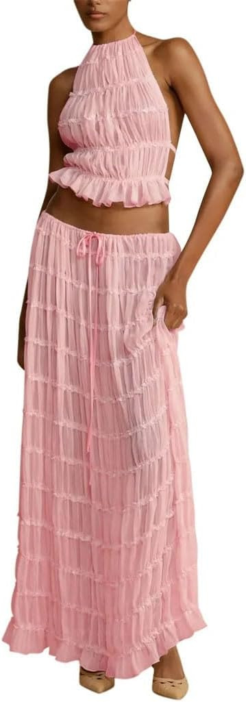 Women's Halter Neck Backless Tops Fold Maxi Skirt Set Elegant Summer Co-Ord Outfit | Amazon (US)