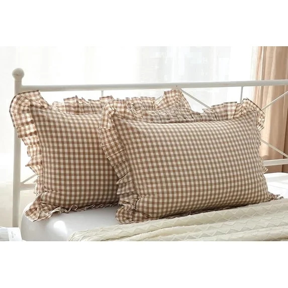 Taupe White Plaid Pillow Shams with Ruffles Gingham Queen Size Washed Cotton for Bed/Sofa 2 pack | Walmart (US)