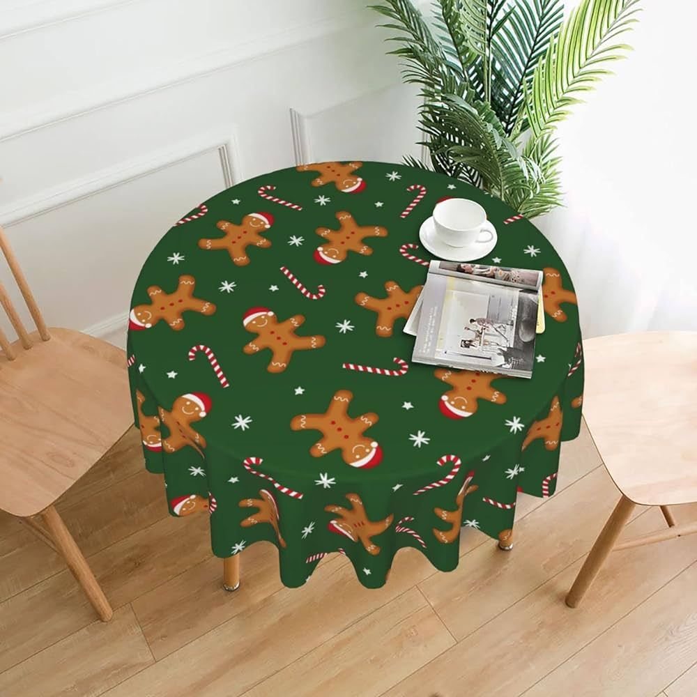 Aiojool Christmas Gingerbread Man Candy Tablecloth Round Table Cover Washable Polyester Table Clo... | Amazon (US)