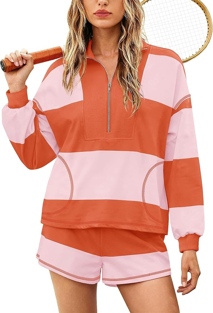 Yanekop Womens Oversized Striped Set Matching Workout Sets Lounge Sets 2 Piece Outfits Half Zip P... | Amazon (US)