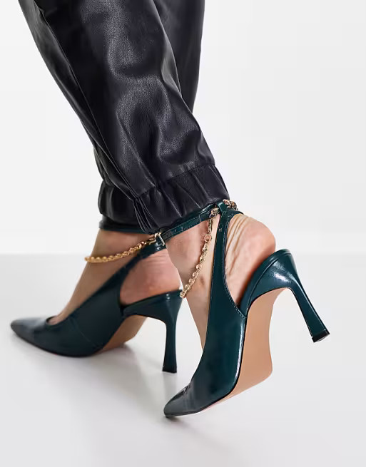 ASOS DESIGN Wide Fit Weston chain detail heeled shoes in forest green | ASOS (Global)