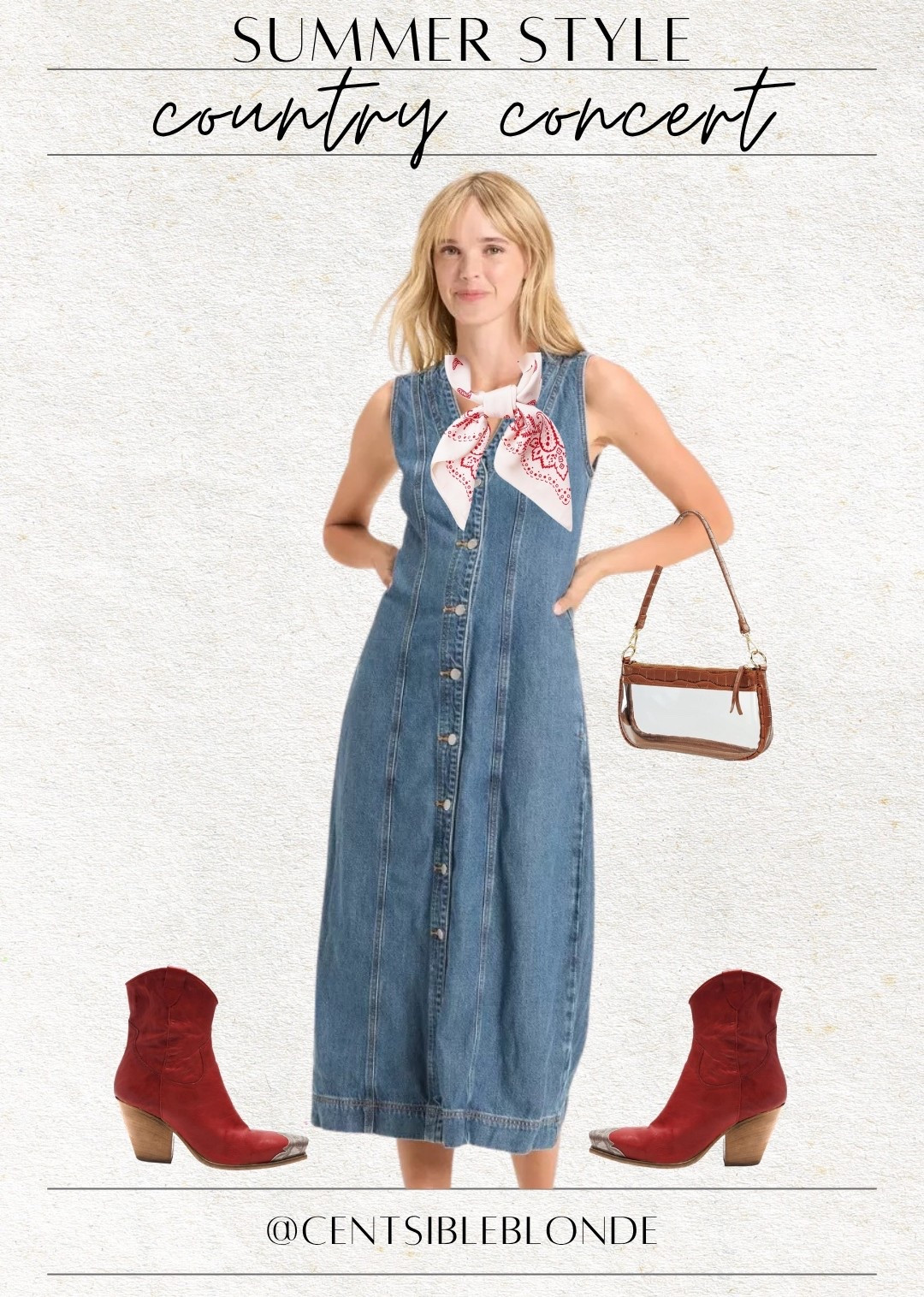 Country concert, country western, denim dress, Jean dress, red boots, ankle boots, cowboy boots, western boots, clear bag, clear handbag, neck scarf, neckerchief, Nashville outfit

#LTKTravel #LTKShoeCrush #LTKItBag