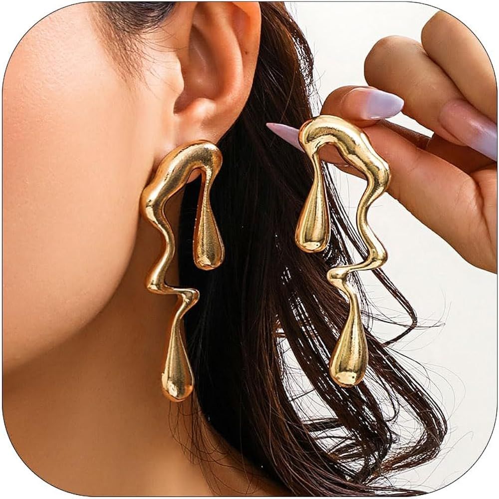 Irregular Waterdrop Earrings for Women Chunky Gold Earrings Liquid Metal Earrings Drip Earrings H... | Amazon (US)