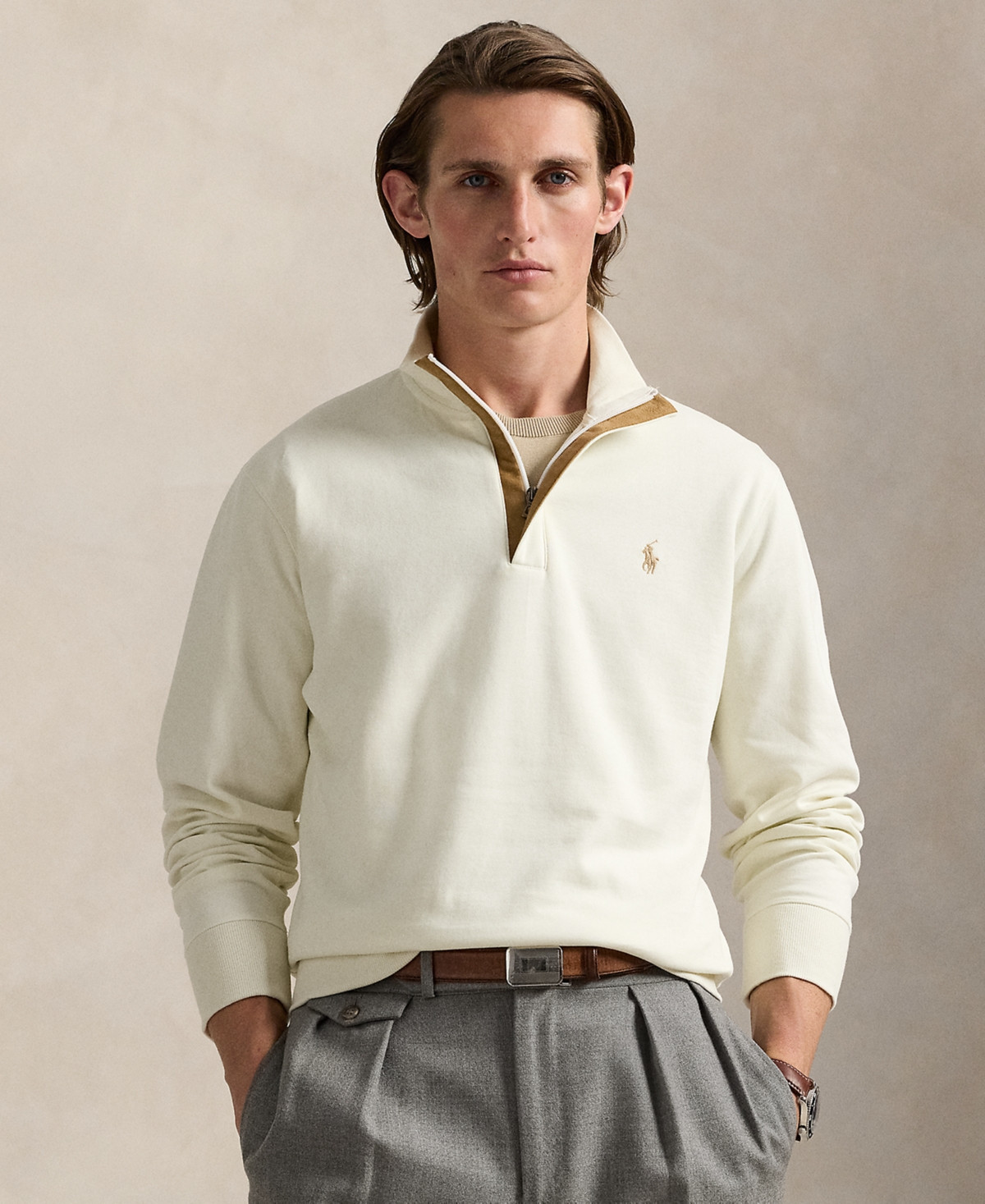 Polo Ralph Lauren Men's Luxury Jersey Quarter-Zip Pullover Sweater - Parchment Cream | Macy's
