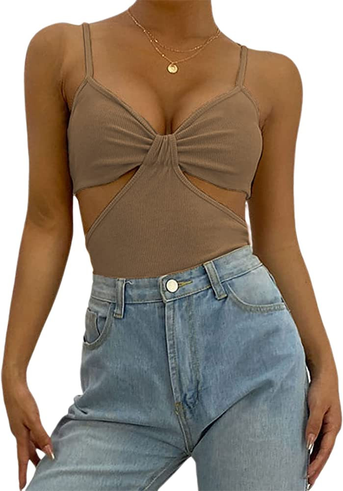 Remidoo Women's Sleeveless Ruched Front Cut Out Spaghetti Strap Crop Cami Top | Amazon (US)