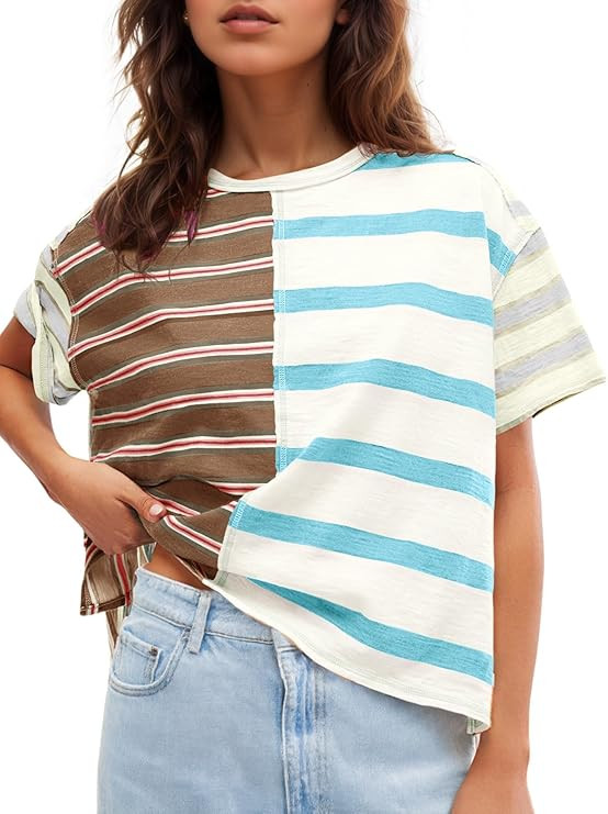 Tankaneo Womens Summer Striped Shirts Casual Color Block Short Sleeve Tops Loose Fit Crew Neck Te... | Amazon (US)