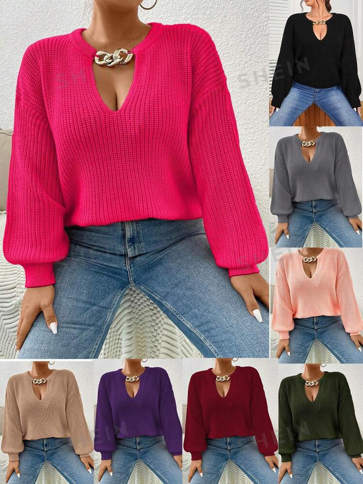 SHEIN Privé Plus Chain Detail Choker Neck Drop Shoulder Sweater | SHEIN