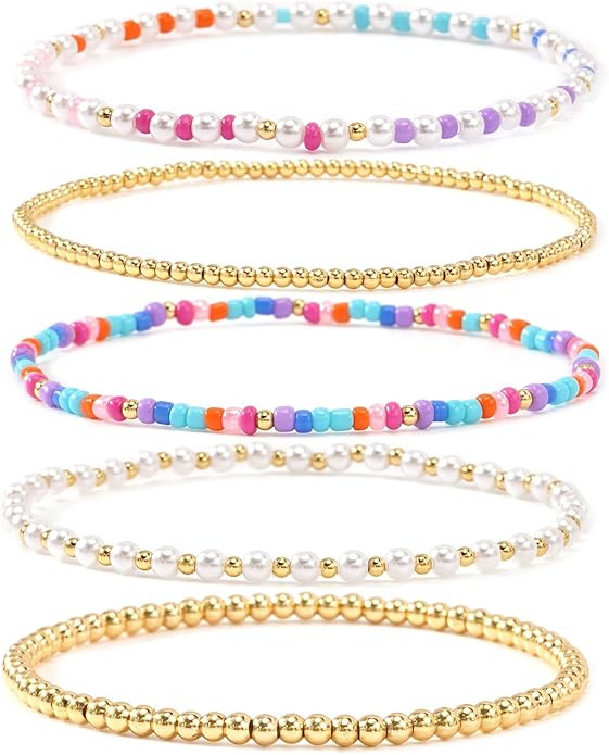 14K Gold Plated Beaded Bracelets Stack Set for Women,Stretch Boho Colorful Beads Ball Jewelry Fri... | Amazon (US)