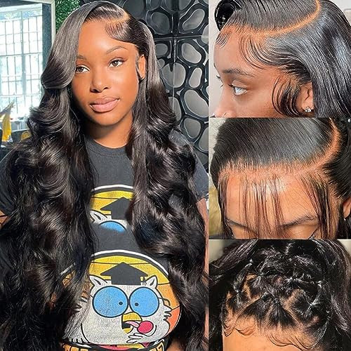 Pizazz 13x6 HD Transparent Lace Front Wigs Human hair Pre Plucked 180 Density Brazilian Body Wave Frontal Wigs Human Hair with Baby Hair Natural Hairline Natural Black Color 28Inch | Amazon (US)