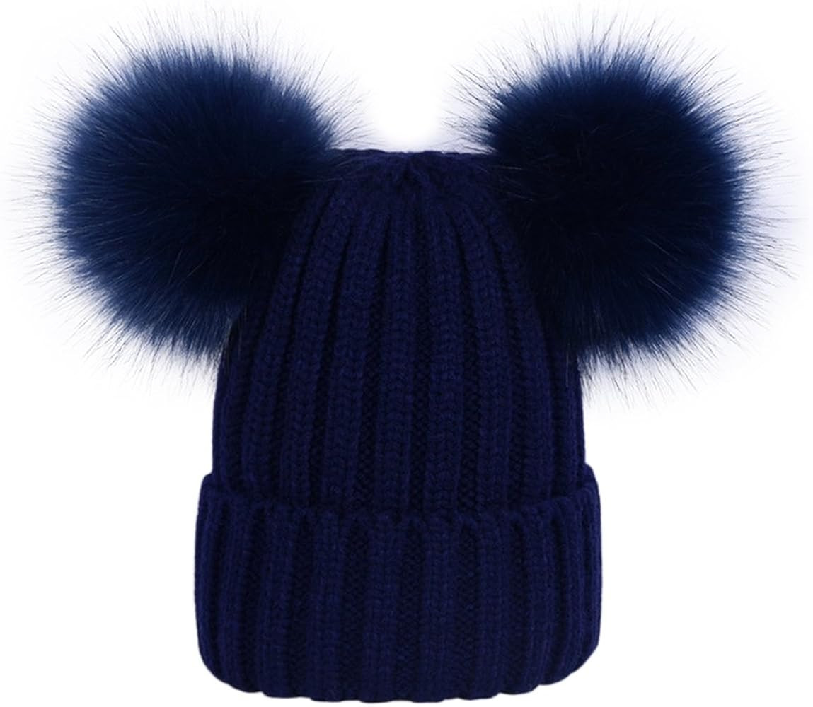 Women's Warm Winter Ribbed Knit Faux Fur Bobble Hat Double Pom Pom Beanie | Amazon (UK)