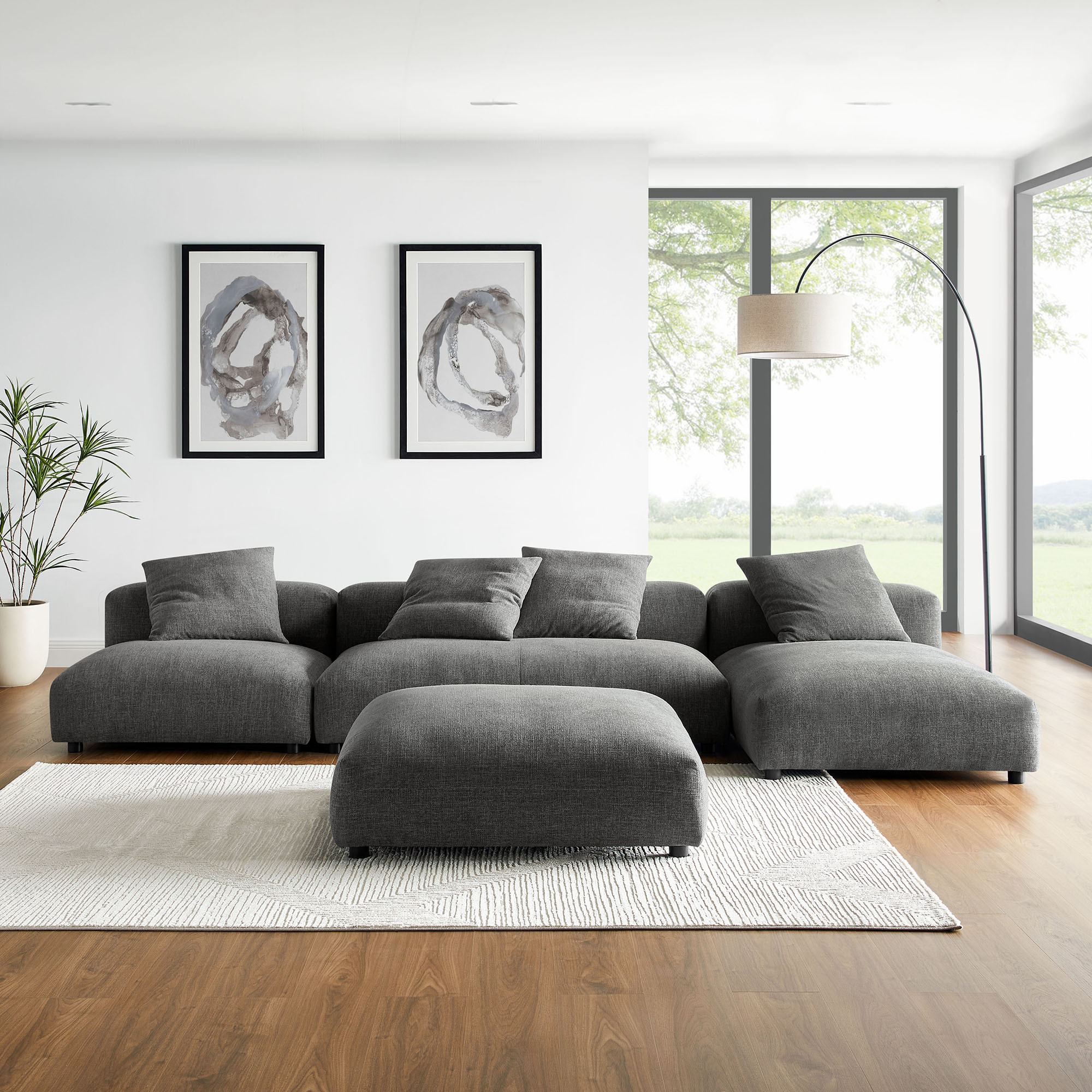 Solace 4-Piece Modular Upholstered Fabric Sectional Sofa With Ottoman In Charcoal | 1stopbedrooms