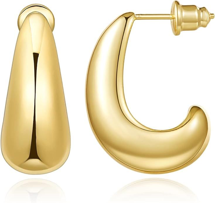 KissYan Chunky Gold Hoop Earrings for Women, 14K Gold Plated Lightweight Hollow Open Hoops Thick ... | Amazon (US)