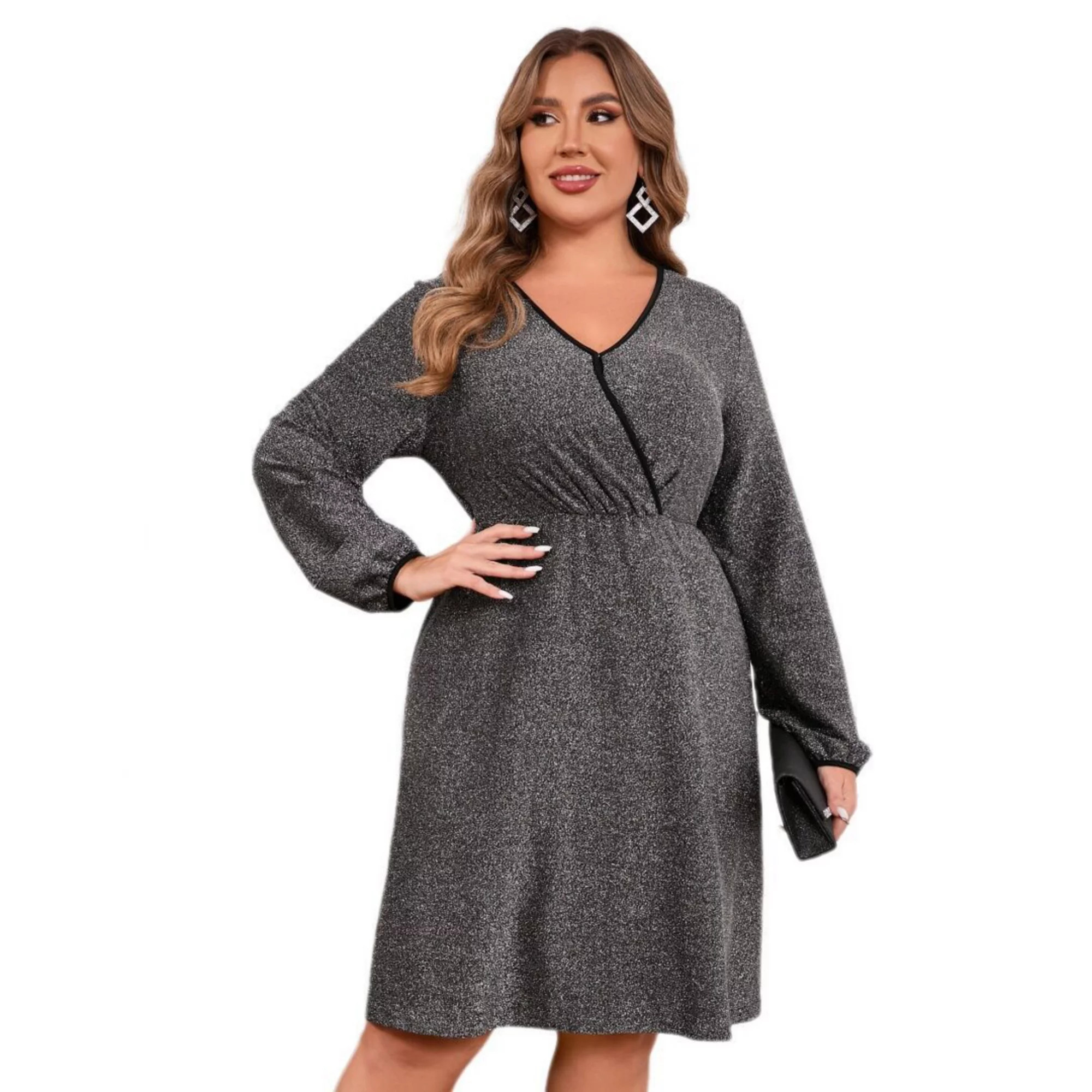 Women's Plus Size Sparkly Sequin Dress Long Sleeve Wrap V Neck Cocktail Club Dress | Kohl's