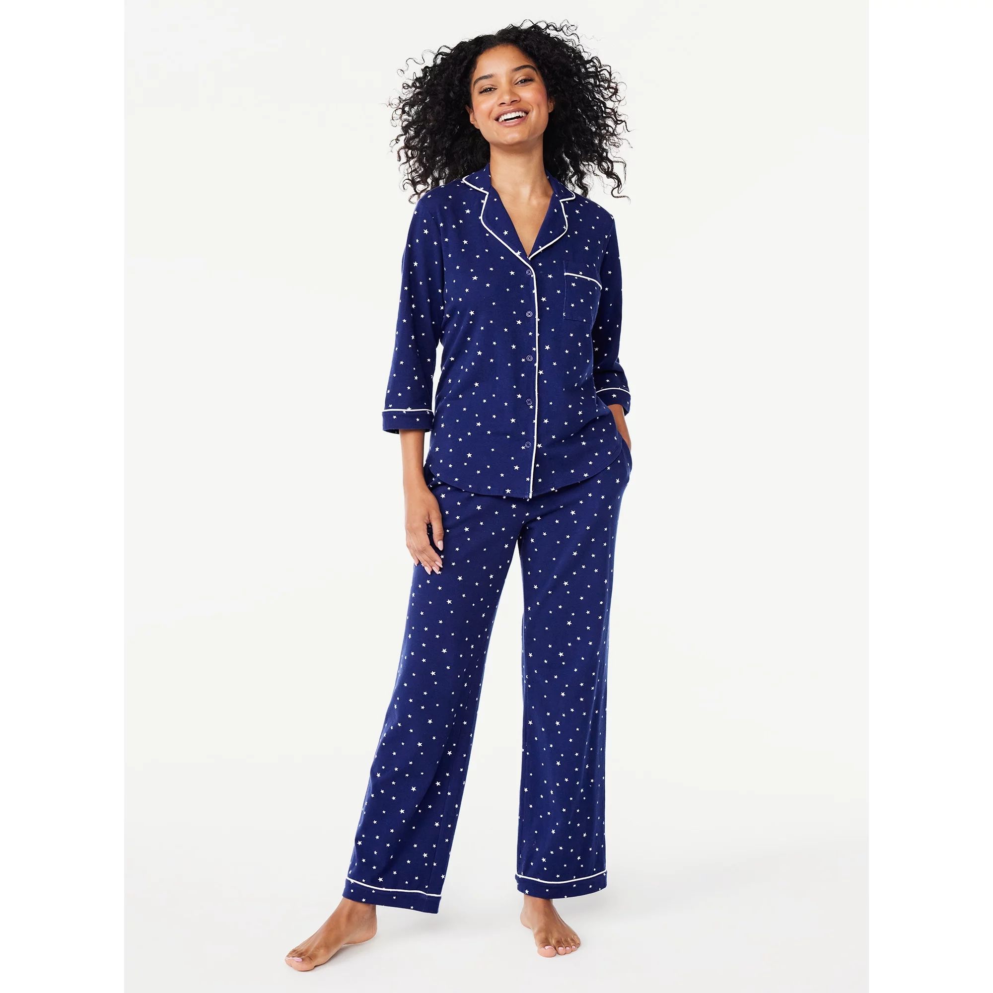 Joyspun Women’s Knit Notch Collar Top and Pants Pajama Set, 2-Piece, Sizes S to 4X | Walmart (US)