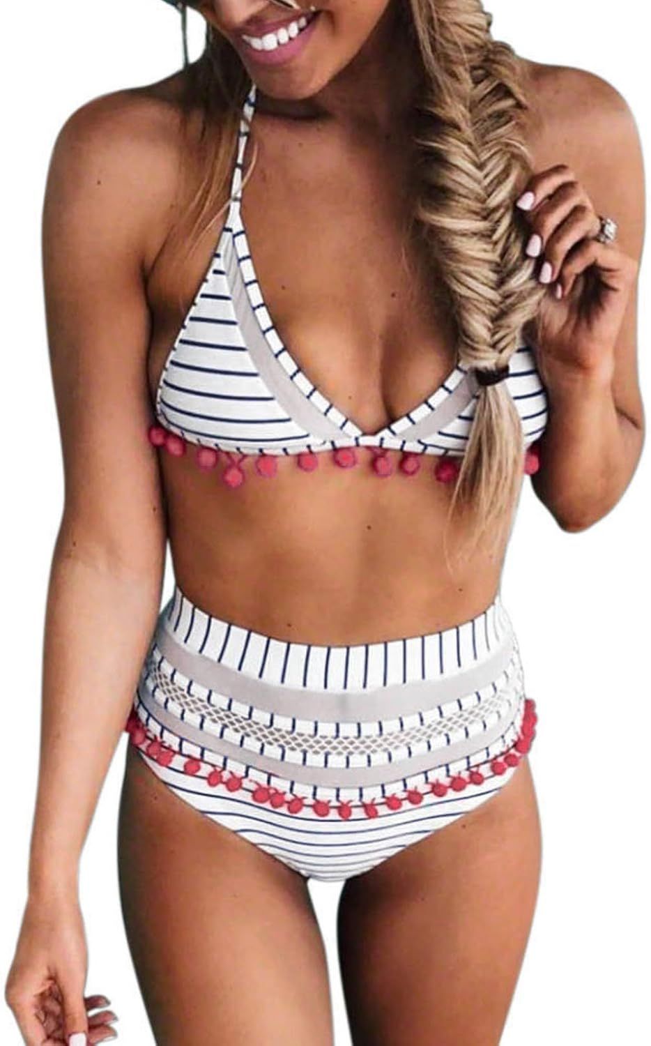 Bdcoco Women's High Waist Two Pieces Bikini Set Padded Stripe Tassel Swimsuit | Amazon (US)