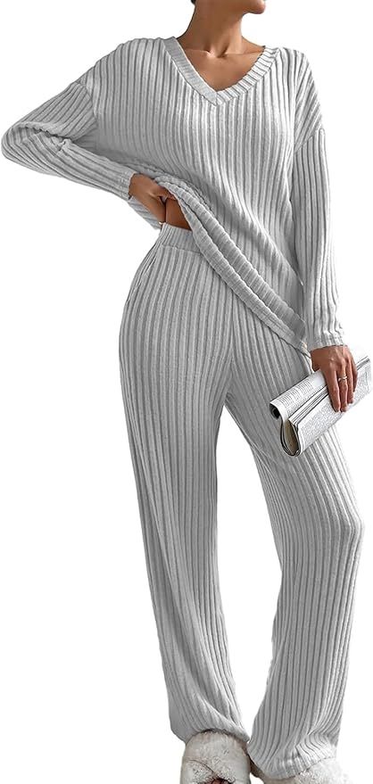 SHEWIN Women's Pajama Sets Long Sleeve 2 Piece Lounge Sets Ribbed Knit Sweater Sleepwear | Amazon (US)