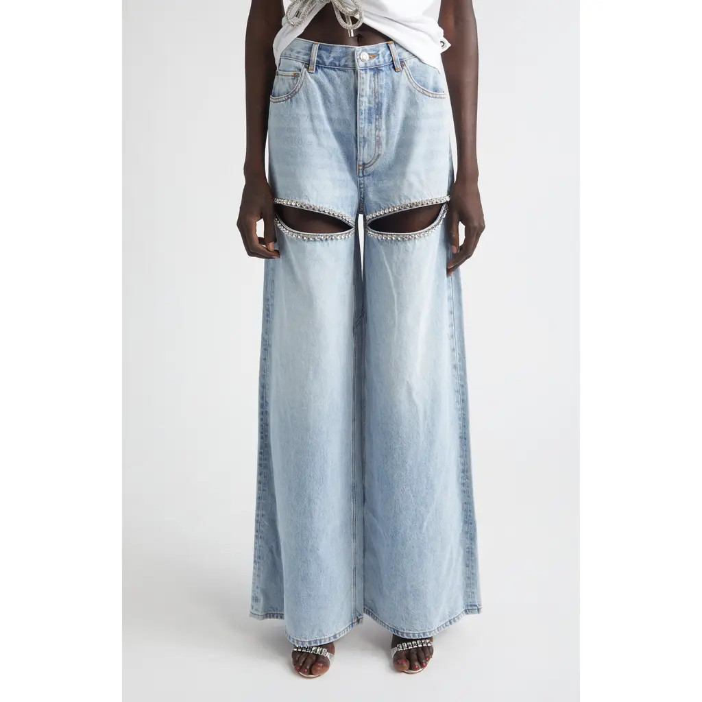 Area Crystal Slit Cotton Denim Wide Legs Jeans in Light Blue at Nordstrom, Size 27 | Nordstrom
